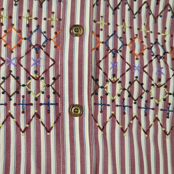 Koret City Blues Embroidered Button-Up Shirt Striped Claret M Shoulder Pads - Picture 3 of 8